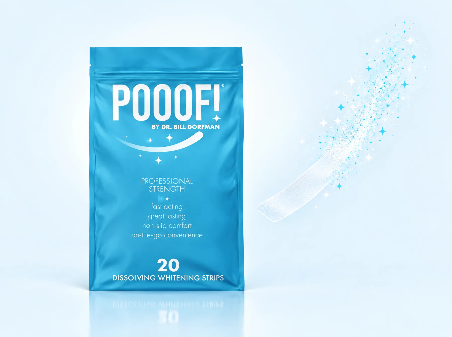 POOOF! pouch with a strip dissolving into sparkles